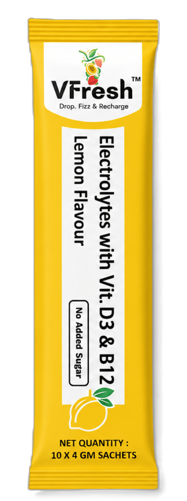 VFresh lemon electrolyte sachet with vitamin D3 and B12 for hydration.
