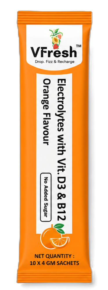 VFresh orange flavour electrolyte powder sachet with Vitamin D3 and B12 for hydration.