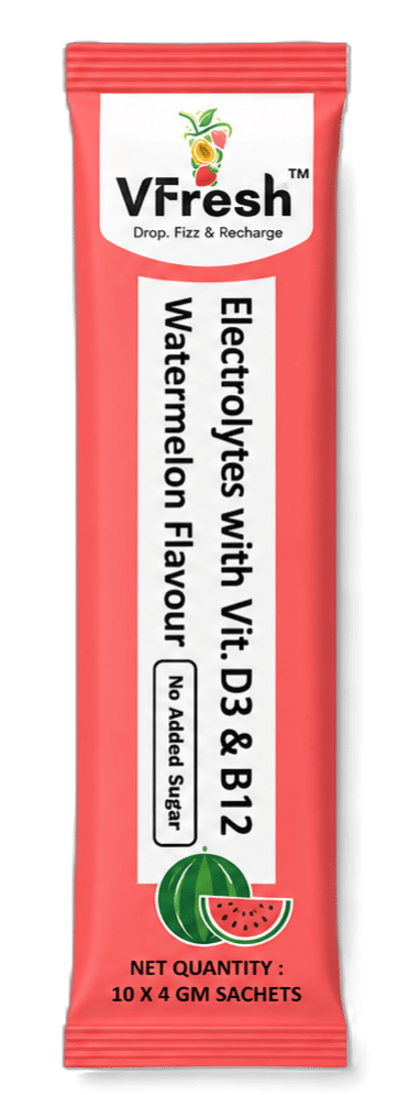VFresh watermelon flavor electrolyte sachet with Vitamin D3 and B12 for hydration.