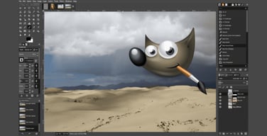 The GIMP Icon pictured on the GIMP Software Interface with a paint brush in his mouth