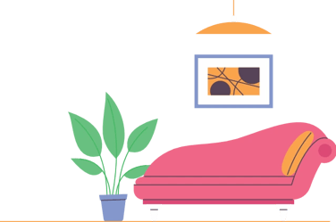 Ilustração minimalista vetorizada de um divã rosa, planta e luminária suspensa.