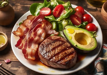 keto diet,a plate of food with bacon, avocado, and avocado