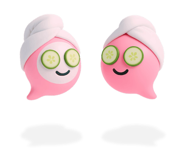 Two Blabit bubbles wearing white towel head wraps with cucumber slices over their eyes for spa treatment