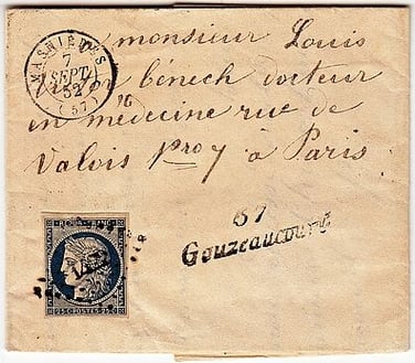 Gouzeaucourt : small numerals 1422 and linear stamp.