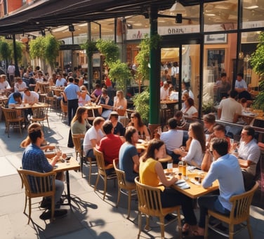 A marketplace set in an urban courtyard surrounded by old buildings with visible signs of wear. Stalls line the sides, displaying various goods such as clothing and accessories. A covering of snow is visible on the ground and stalls. A parked car is near the center, and several people are present, suggesting a bustling environment.