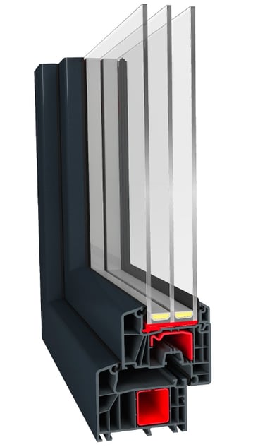 a window with a glass window and a red plastic window