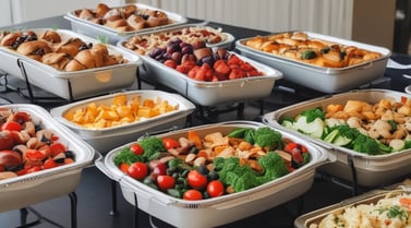 A person wearing a hairnet and dark polo shirt stands at a catering setup, lifting the lid of a chafing dish. Plates are stacked in the background, and the setting appears to be a professional or formal food service environment.