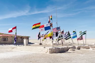 Flags displayed on the Uyuni Salt Flat.