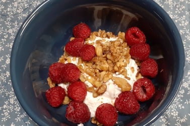 Greek yogurt, walnuts, raspberries