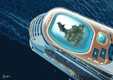 Digital illustration of a cruise ship carrying St. Martin in a pool deck, futuristic concept art by
