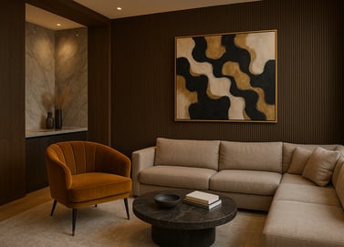 a living room with a couch and a table