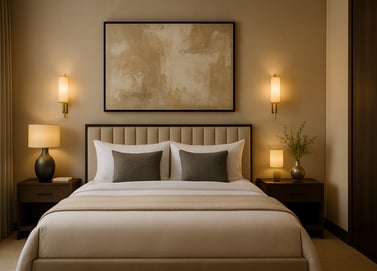 a hotel-style bedroom design with a large painting on the wall