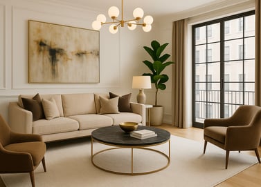 a living room with a couch and chairs