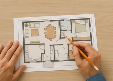 a person's hands holding a pencil and drawing a house plan