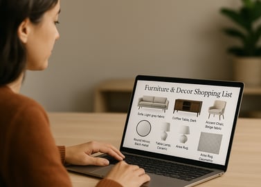 a woman sitting at a table with a laptop computer screen displaying a diagram of furniture