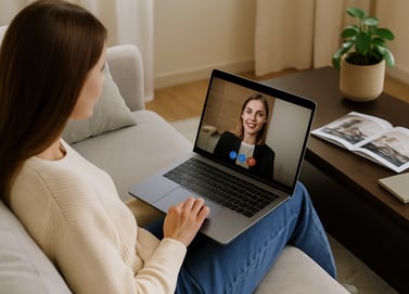 a woman sitting on a couch with a laptop computer screen and making a video call
