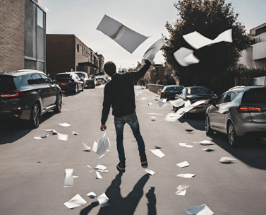 Man throwing up paper as he walks away