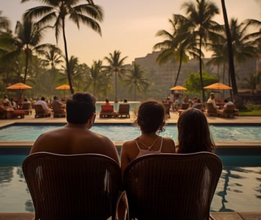 a family by the pool of a resort in Mumbai