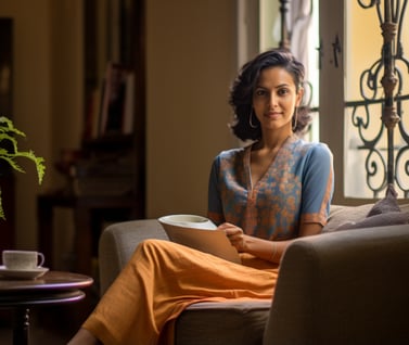 a woman sitting on a couch in a living room