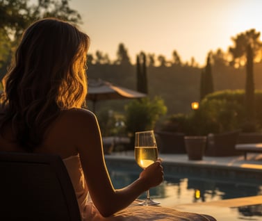 a woman sitting on a chair in front of a pool