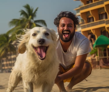 a man with his dog on a beach hotel in Mumbai