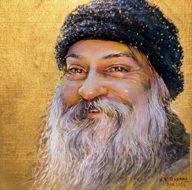 a painting of osho with goldleaf and diamonds, rajneesh