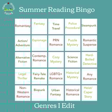 MWE's summer reading bingo sheet. Genres I edit is the theme.