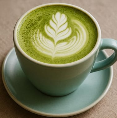 Xícara de matcha latte quente com espuma cremosa sobre mesa de madeira