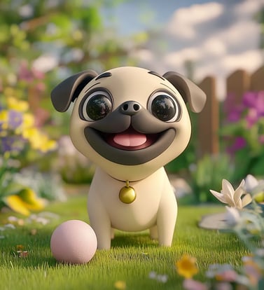 Schattige kawaii pug met een bal