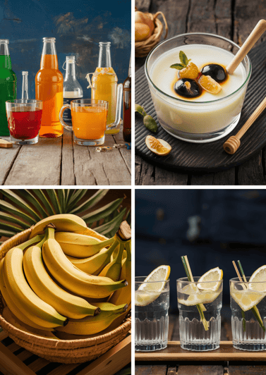 a collage of different types of fruit and drinks