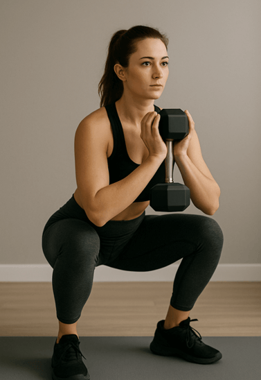 a woman in a black top and leggings, holding a dumbble
