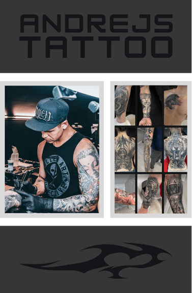 Tattoo studio setup with intricate tattoo designs and tools on display
