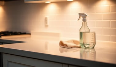 A spray bottle and reusable cleaning cloth on a kitchen counter.