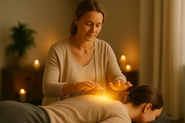 Reiki energy healing on client’s back