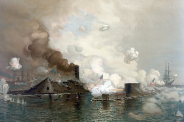 Battle of Hampton Roads, March 9, 1862. “USS Monitor vs. CSS Virginia,” by J. O. Davidson. Facsimile