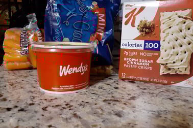 Wendys small chili, carrots, oyster crackers, Special k pastry crisp