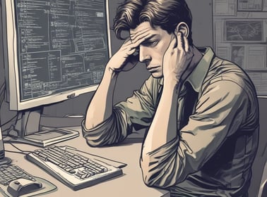 A man sitting at a desk with a computer monitor and a keyboard looking confused