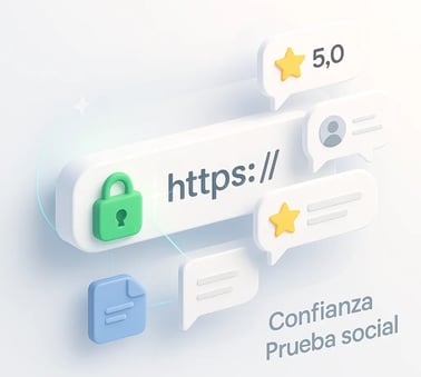 Barra de dirección con candado verde y “https://”, iconos de reseñas de 5 estrellas y comentarios de usuarios, simboliza conf