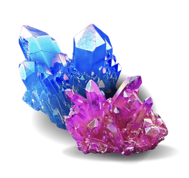 a cluster of blue, pink, and purple crystals