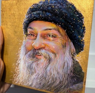 a painting of osho with goldleaf and diamonds, rajneesh