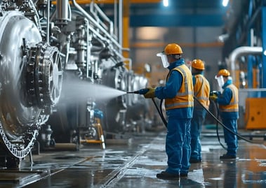 Des hommes portants un gilet de sécurité jaune pulvérisant de l'eau sur une grande machine