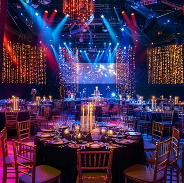 a large event venue with a stage set up for a party