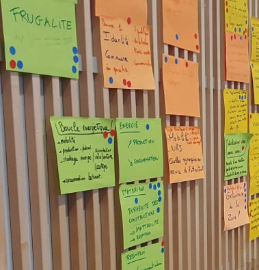 a person standing in front of a wall with post it notes on it