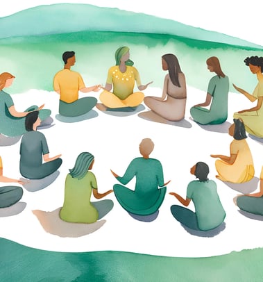 A green and yellow watercolour image of diverse group of people sitting in a circle