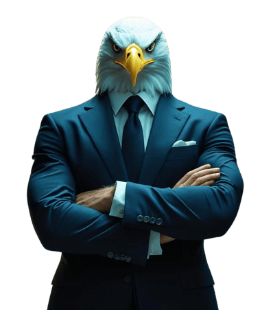 a humanoid American eagle specializing in digital marketing for local businesses with his arms cross