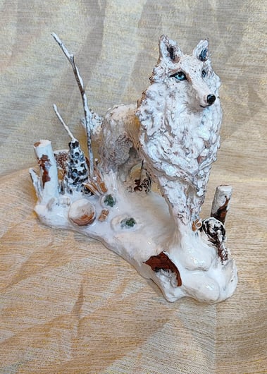 Poterie figurine animale statuette animale déco loup blanc