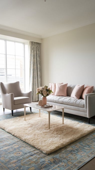 a living room with a couch, chair, blush pink pillows, blue patterned rug and soft cream rug