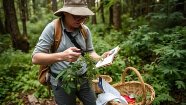 a woman foraging in a forest