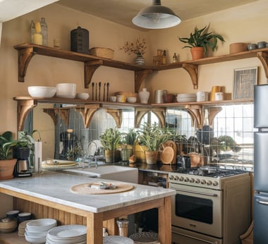 a kitchen with a stove top and a refrigerator