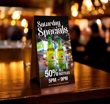 a table tent advertising a special offer for Saturday drink specials